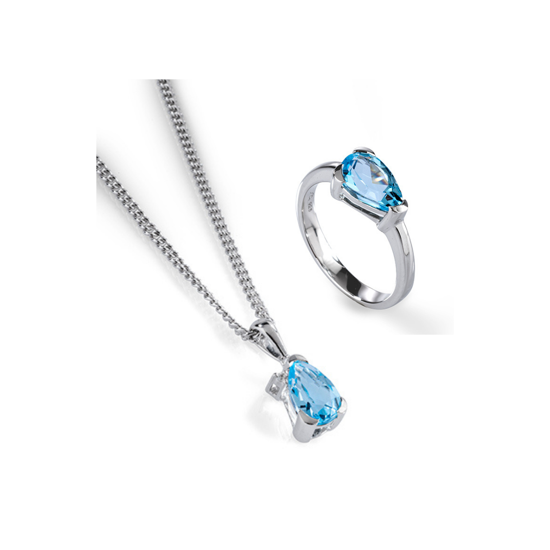 WATERDROP Full Look Set 3tlg: Ring, Ohrstecker und Kette mit Blautopas